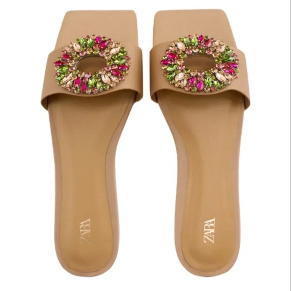 Beige Jewel-Embellished Slide Sandals - Picture 4 of 6